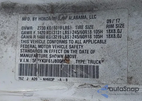 2018 Honda Ridgeline Rtl-T from USA, damaged, VIN 5FPYK3F61JB004837